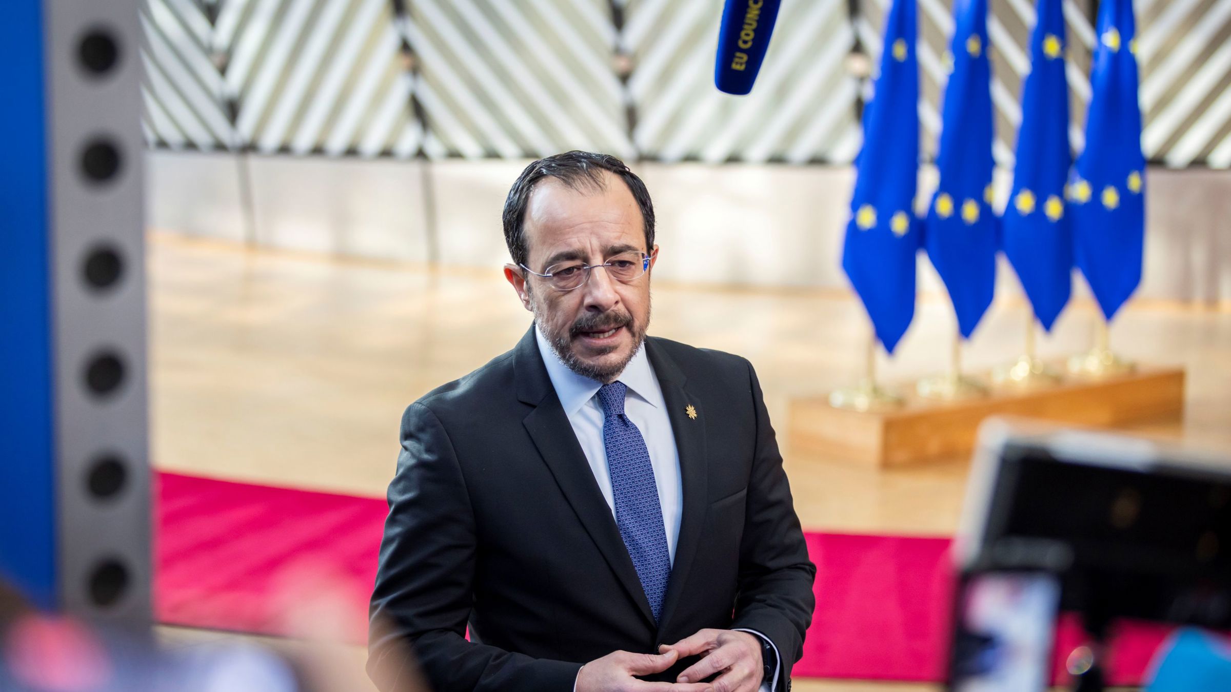 President Christodoulides during his doorstep at the European Council