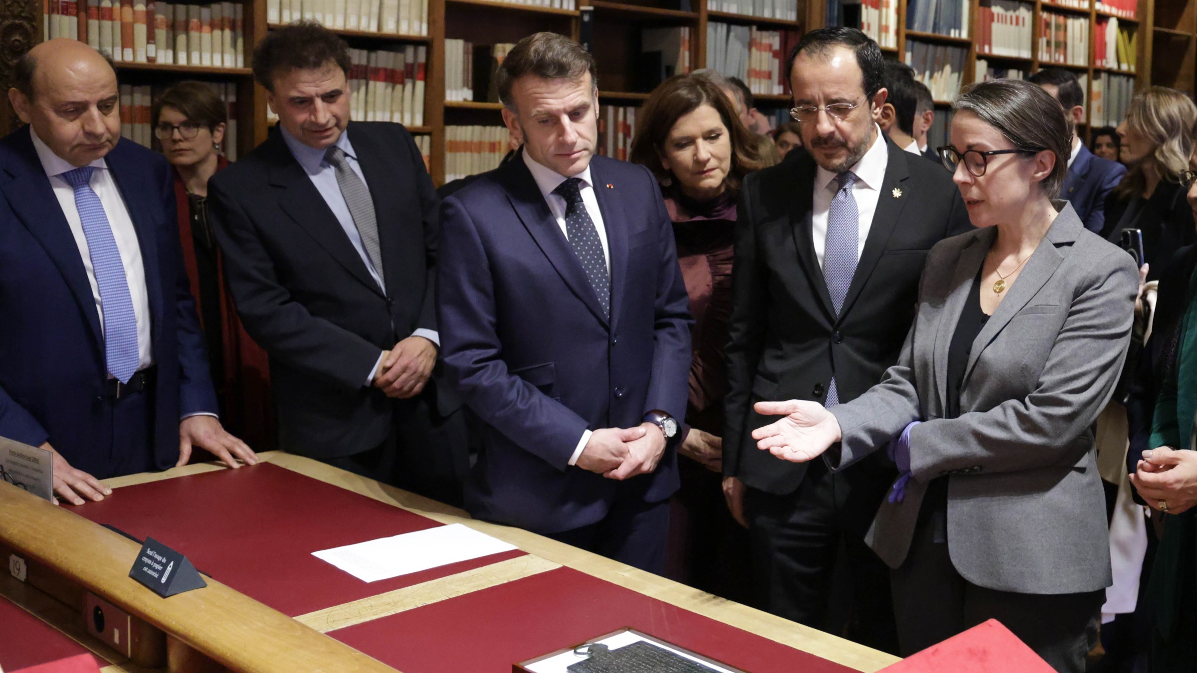 The President of the Republic of Cyprus along with the President of the Republic of France and the Deputy Minister of Culture and other visitors at the Exhibition "Cyprus at the National Library of France"