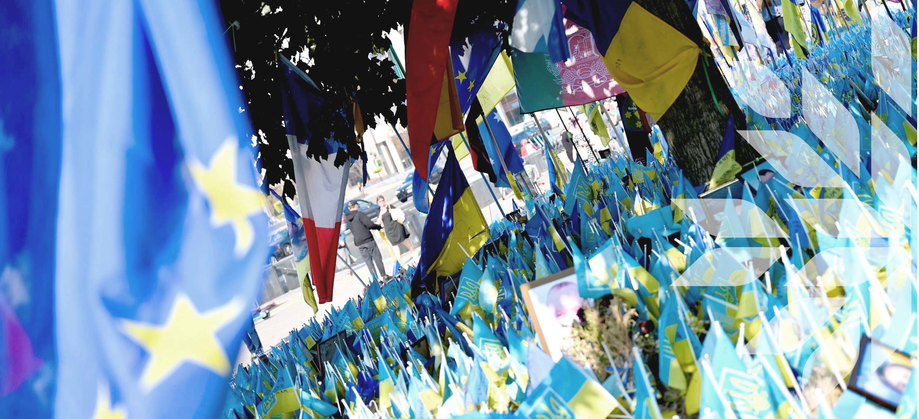 Ukrainian flags on the Independence Square as a memorial to fallen soldiers