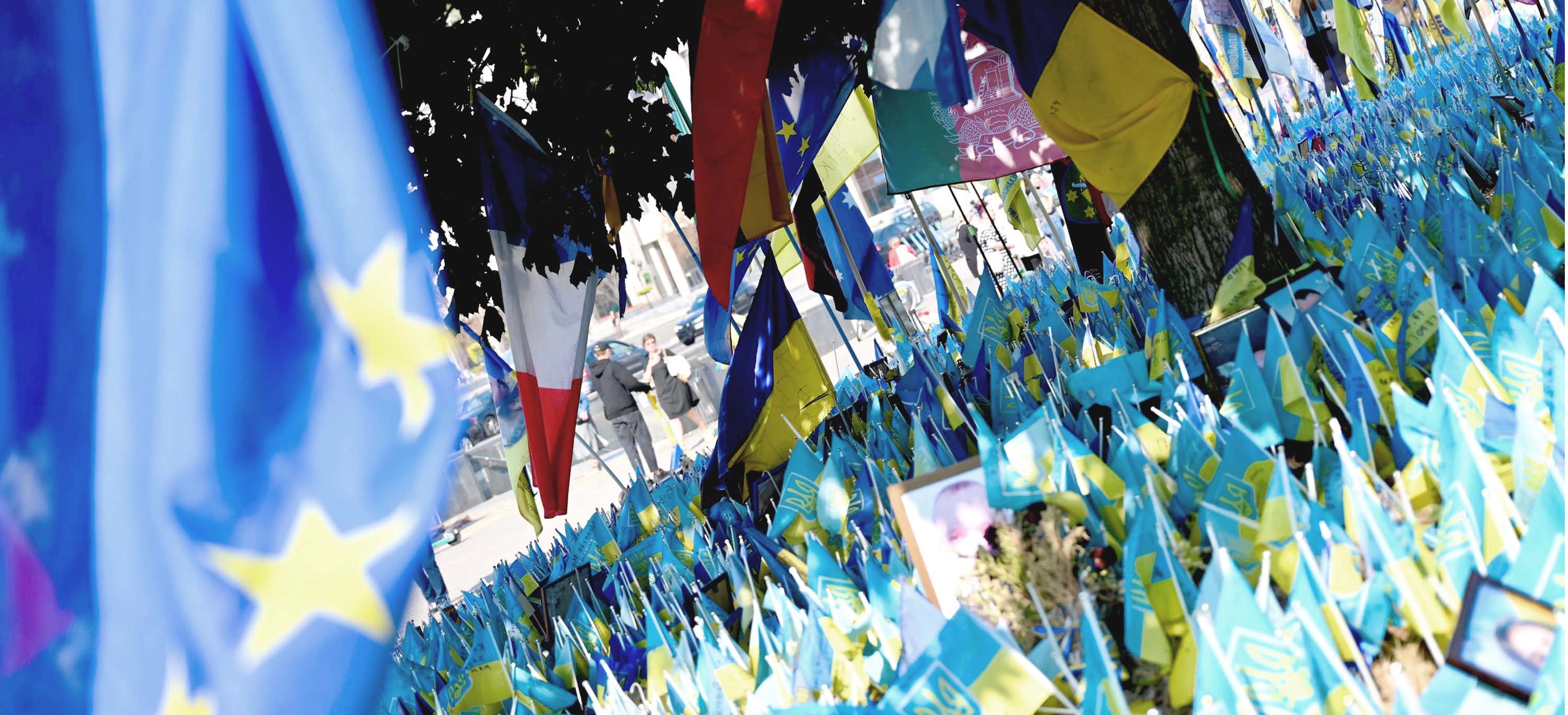 Ukrainian flags on the Independence Square as a memorial to fallen soldiers