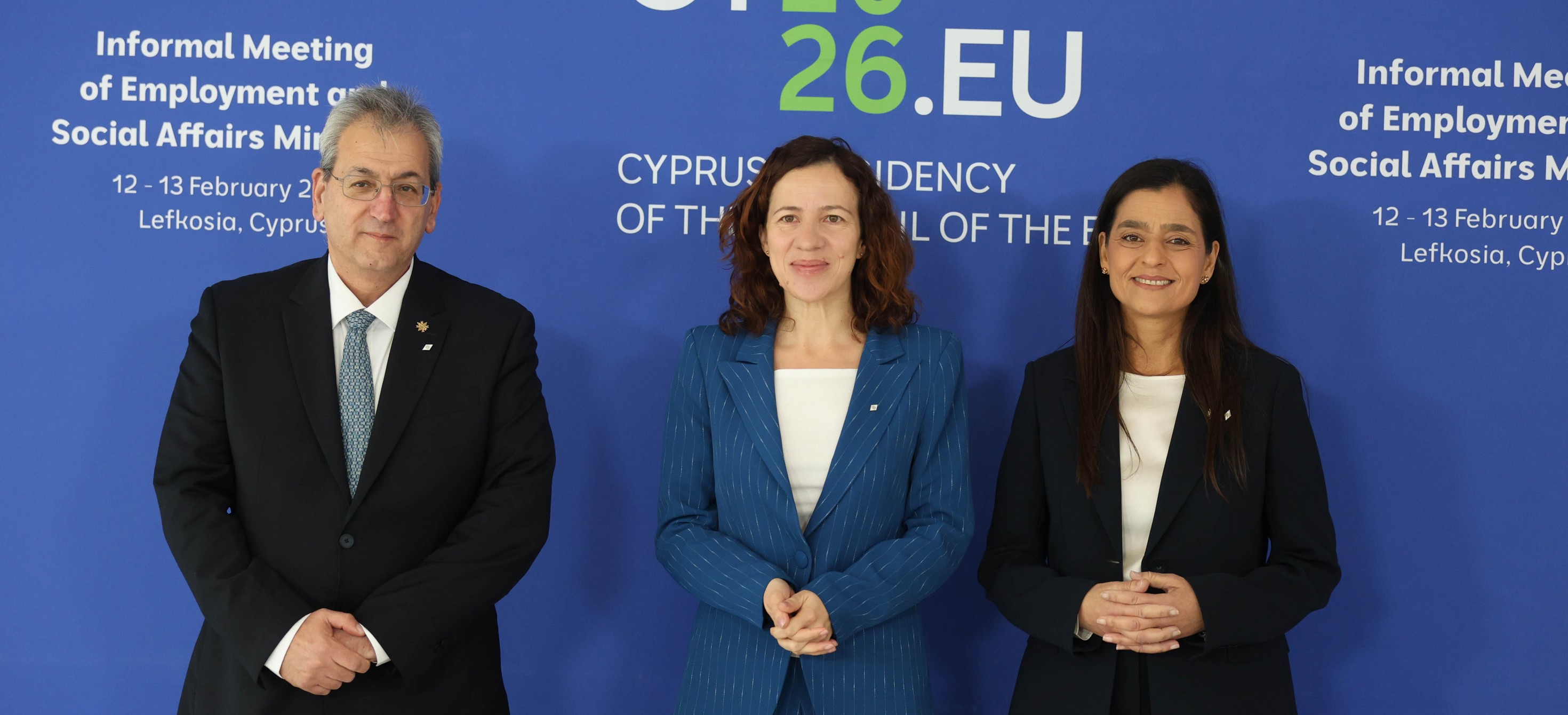 Minister of Labour and Social Insurance of the Republic of Cyprus, Mr Marinos Mousiouttas, Executive Vice-President of the European Commision for Social Rights and Skills, Quality Jobs and Preparedness, Ms Roxana Mînzatu, and Deputy Minister of Social Welfare of the Republic of Cyprus, Ms Clea Papaellina
