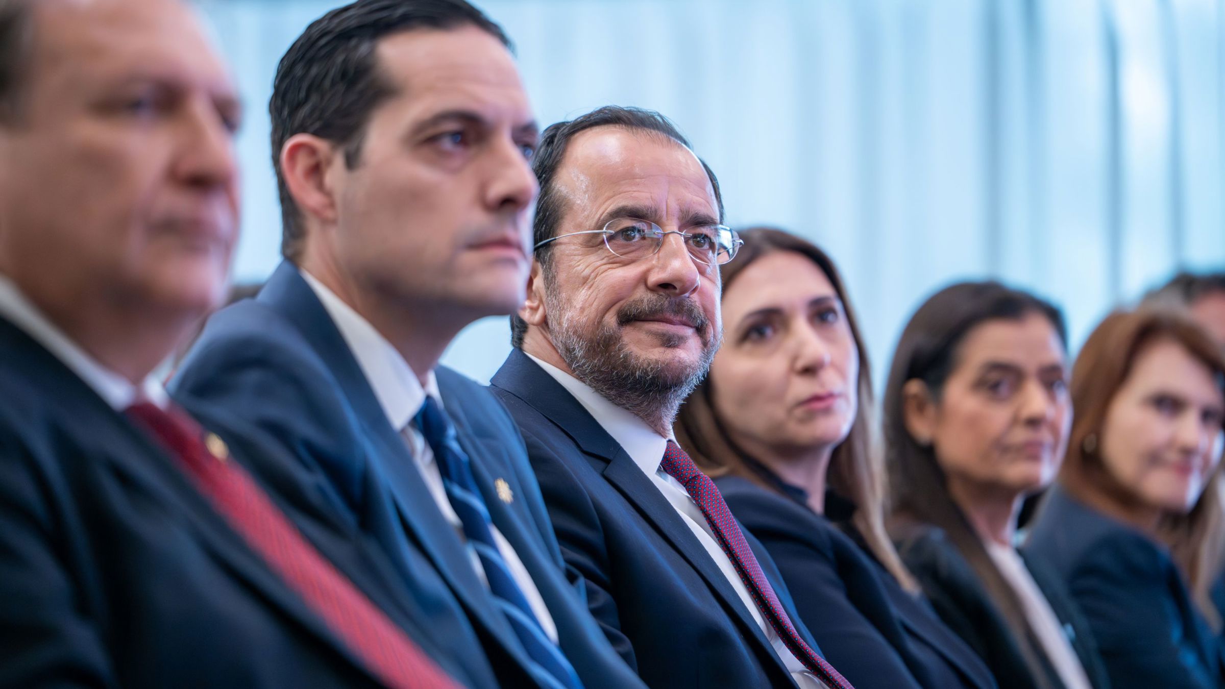 President Christodoulides with the goverment spokesperson, Mr Letymbiotis, the Deputy Minister for European Affairs, Mrs Raouna and the Deputy Minister of Social Welfare, Mrs Papaellina