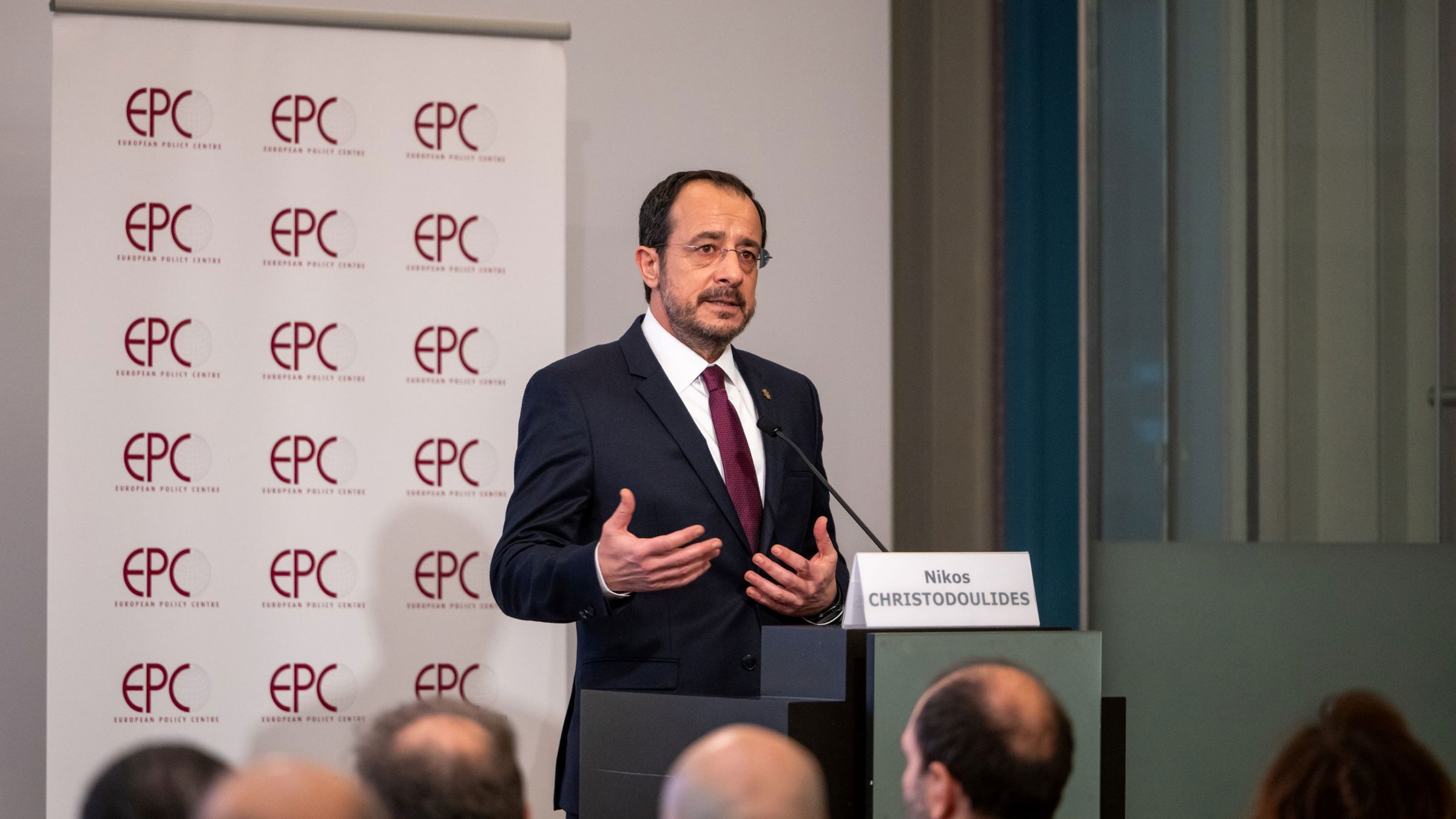 President Christodoulides at the podium of European Policy Centre