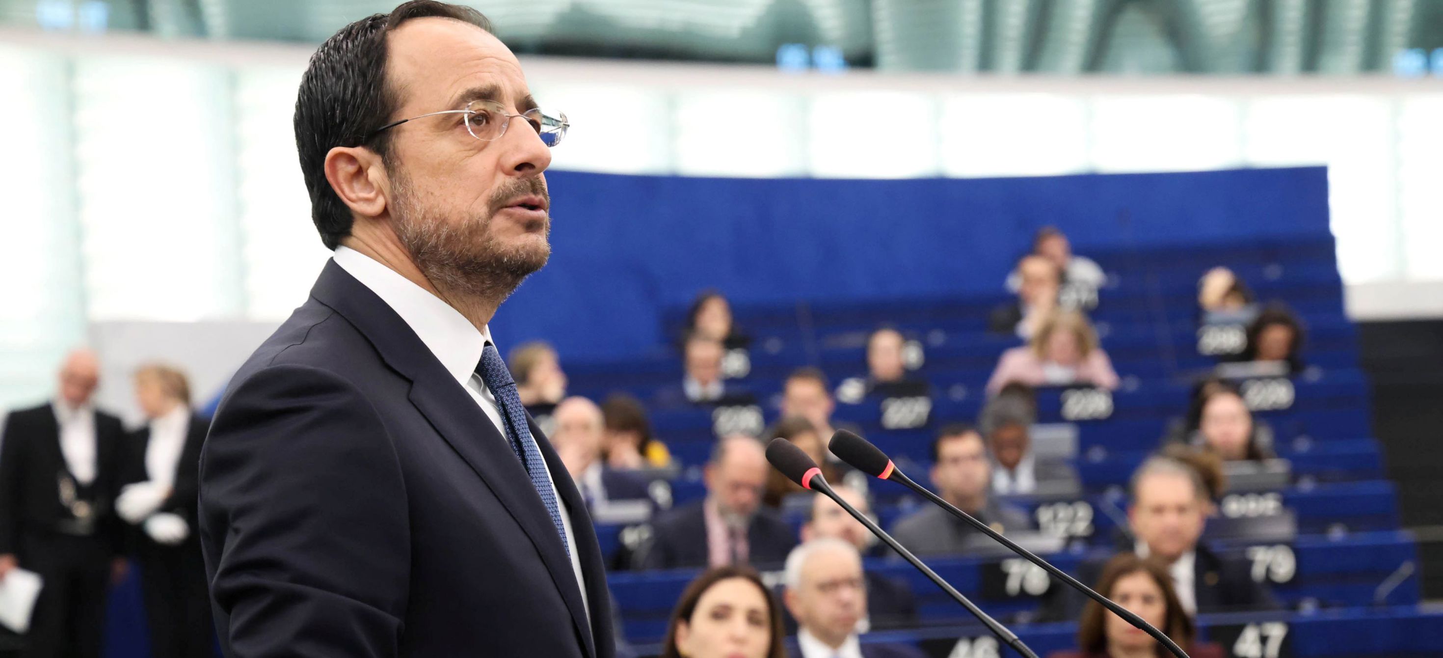 President, Mr Nikos Christodoulides at the podium of the European Parliament plenary session